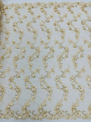 3D Flower Sequin Cluster Design - Champagne - Sequins Embroidered Floral Design on Tulle Sold By Yard