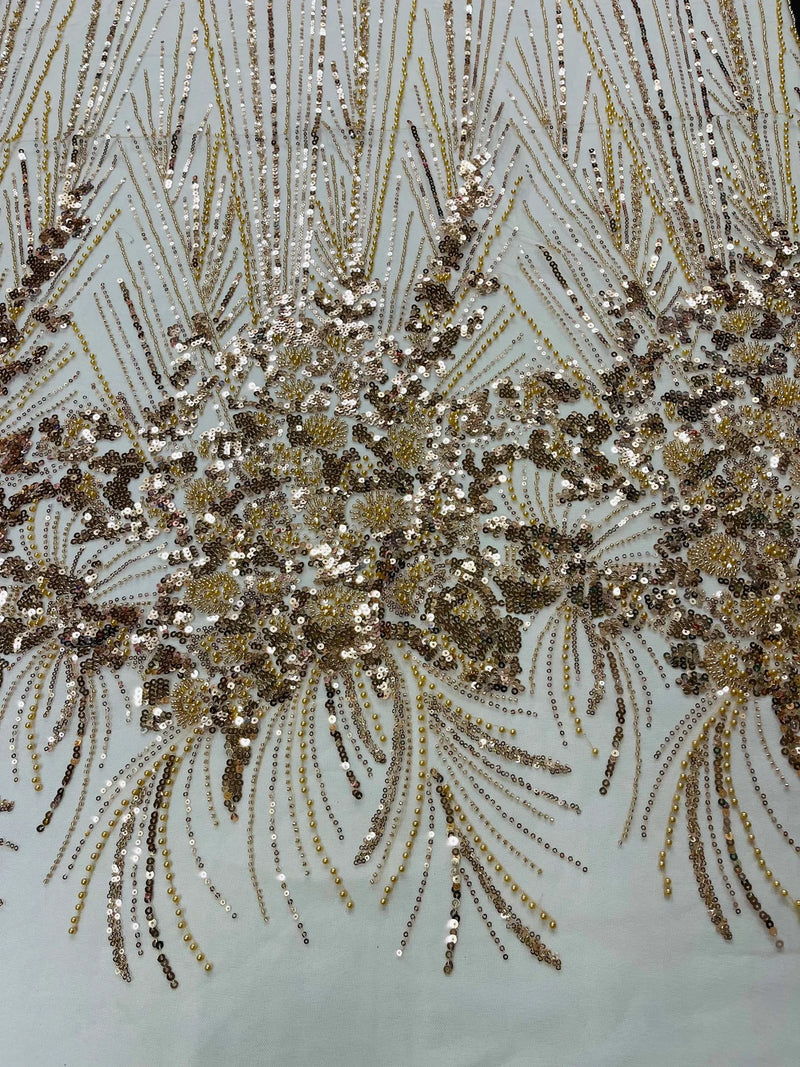 Flower Lines Fashion Design Fabric - Champagne - Embroidered Floral Beads and Sequins Sold By Yard
