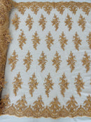 Fancy Border Cluster Fabric - Champagne - Embroidered Beaded Flower Lace Design on Mesh Yard