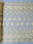 3D Triangle Floral Pearl Fabric - Champagne - 3D Embroidered Floral Design on Lace Mesh By Yard