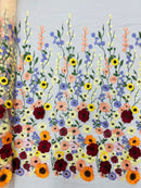 Multi-Color Flower Fabric - Champagne - Embroidered Floral Design Fabric Sold by Yard