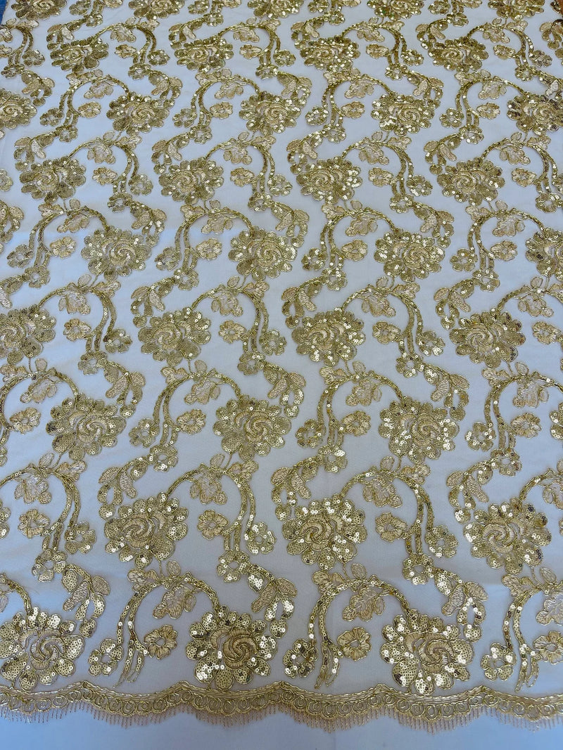 Floral Embroidered Lace - Champagne - Floral Corded Lace With Sequins Sold By Yard