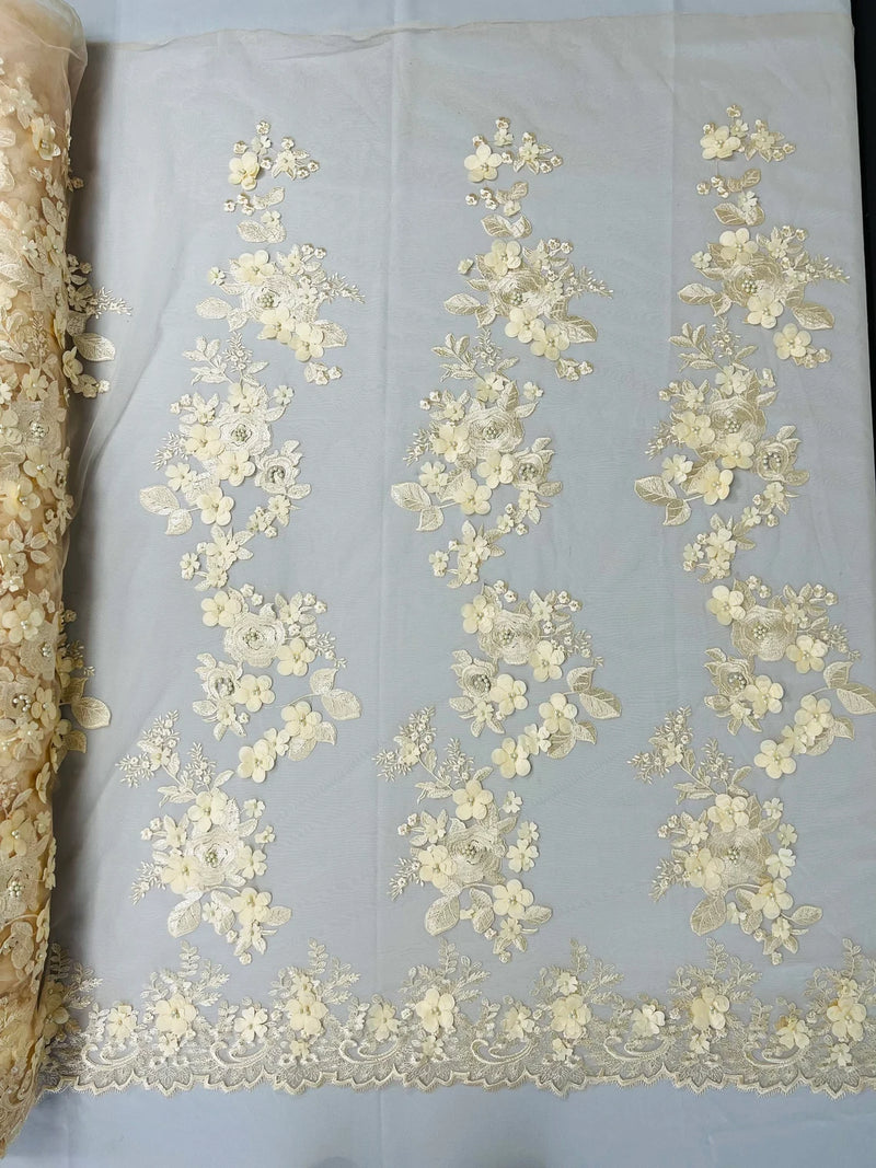 3D Rose Plant Fabric - Champagne - Embroidered Flower Design Rose Fabric Sold by Yard