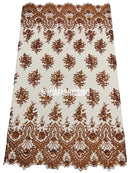 Floral Cluster Beaded Fabric - Cinnamon - Embroidered Fancy Fashion Design Beads and Sequins Sold by yard