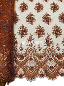 Floral Cluster Beaded Fabric - Cinnamon - Embroidered Fancy Fashion Design Beads and Sequins Sold by yard
