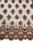 Floral Cluster Beaded Fabric - Cinnamon - Embroidered Fancy Fashion Design Beads and Sequins Sold by yard