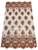 Floral Cluster Beaded Fabric - Cinnamon - Embroidered Fancy Fashion Design Beads and Sequins Sold by yard