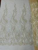 Beaded Flame Design Fabric - Clear Cream - Beaded Embroidered Fire Flame Design Fabric by Yard