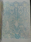 Damask Geometric Sequins - Clear Iridescent - 4 Way Stretch Sequins Design Sold By Yard