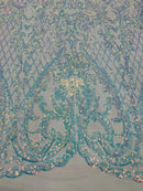 Heart Shape Sequins Fabric - Clear Iridescent - 4 Way Stretch Sequins Damask Fabric By Yard