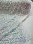 Damask Fancy Pattern Fabric - Clear Iridescent - 4 Way Stretch Sequins Prom Design By Yard