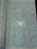 Heart Shape Sequins Fabric - Clear Iridescent - 4 Way Stretch Sequins Damask Fabric By Yard