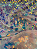 Jumbo Oval Sequins Fabric - Clear Iridescent - Iridescent Oval Shape Teardrop Sequins Fabric By Yard