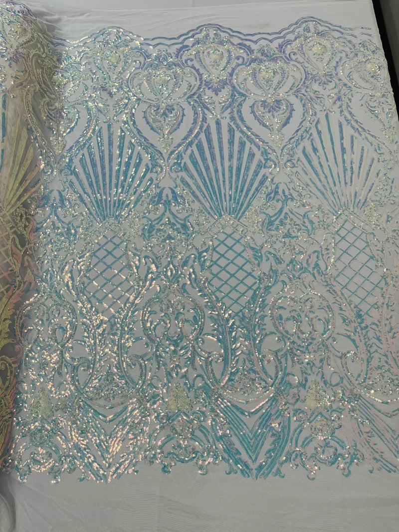 Damask Geometric Sequins - Clear Iridescent - 4 Way Stretch Sequins Design Sold By Yard
