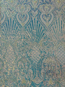 Damask Geometric Sequins - Clear Iridescent - 4 Way Stretch Sequins Design Sold By Yard