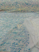 Heart Shape Sequins Fabric - Clear Iridescent - 4 Way Stretch Sequins Damask Fabric By Yard