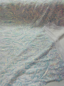 Damask Fancy Pattern Fabric - Clear Iridescent - 4 Way Stretch Sequins Prom Design By Yard