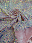 Sea Shell Sequins Velvet - Clear Iridescent on Pink - Velvet Sequins Fabric By Yard