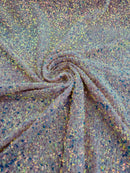 Sea Shell Sequins Velvet - Clear Iridescent on Pink - Velvet Sequins Fabric By Yard