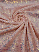 Mille Stripe Spandex Sequins - Clear Iridescent on Pink - 4 Way Stretch Lace Spandex Mesh Sold By Yard