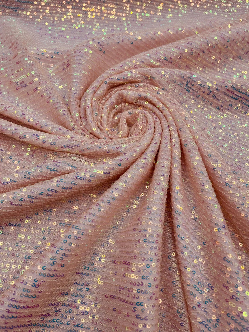 Mille Stripe Spandex Sequins - Clear Iridescent on Pink - 4 Way Stretch Lace Spandex Mesh Sold By Yard