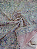 Sea Shell Sequins Velvet - Clear Iridescent on Pink - Velvet Sequins Fabric By Yard