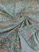 Sea Shell Sequins Velvet - Clear Iridescent on Sage - Velvet Sequins Fabric By Yard