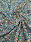 Sea Shell Sequins Velvet - Clear Iridescent on Sage - Velvet Sequins Fabric By Yard