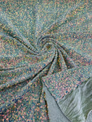 Sea Shell Sequins Velvet - Clear Iridescent on Sage - Velvet Sequins Fabric By Yard