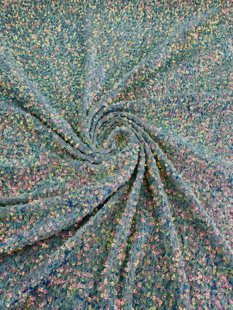 Sea Shell Sequins Velvet - Clear Iridescent on Sage - Velvet Sequins Fabric By Yard