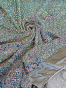 Sea Shell Sequins Velvet - Clear Iridescent on Taupe -  Velvet Sequins Fabric By Yard