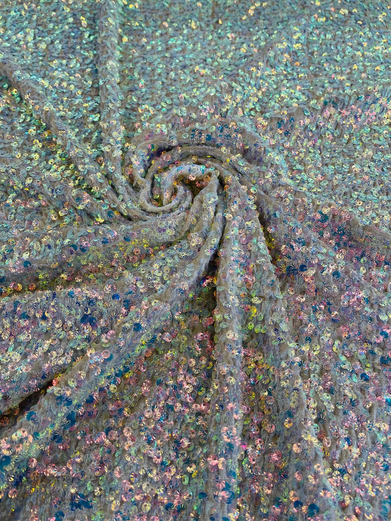 Sea Shell Sequins Velvet - Clear Iridescent on Taupe -  Velvet Sequins Fabric By Yard