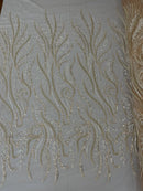 Sea Plant Beaded Fabric - Clear Nude - Beaded Embroidered Sea Plant Design Fabric by Yard