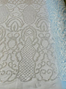 Fashion Design Bead Damask Fabric - Clear on Blue - Embroidered Elegant Design on Mesh Sold By The Yard
