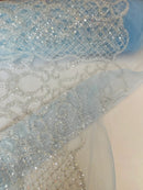 Fashion Design Bead Damask Fabric - Clear on Blue - Embroidered Elegant Design on Mesh Sold By The Yard