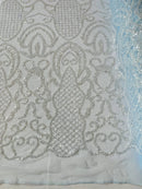 Fashion Design Bead Damask Fabric - Clear on Blue - Embroidered Elegant Design on Mesh Sold By The Yard