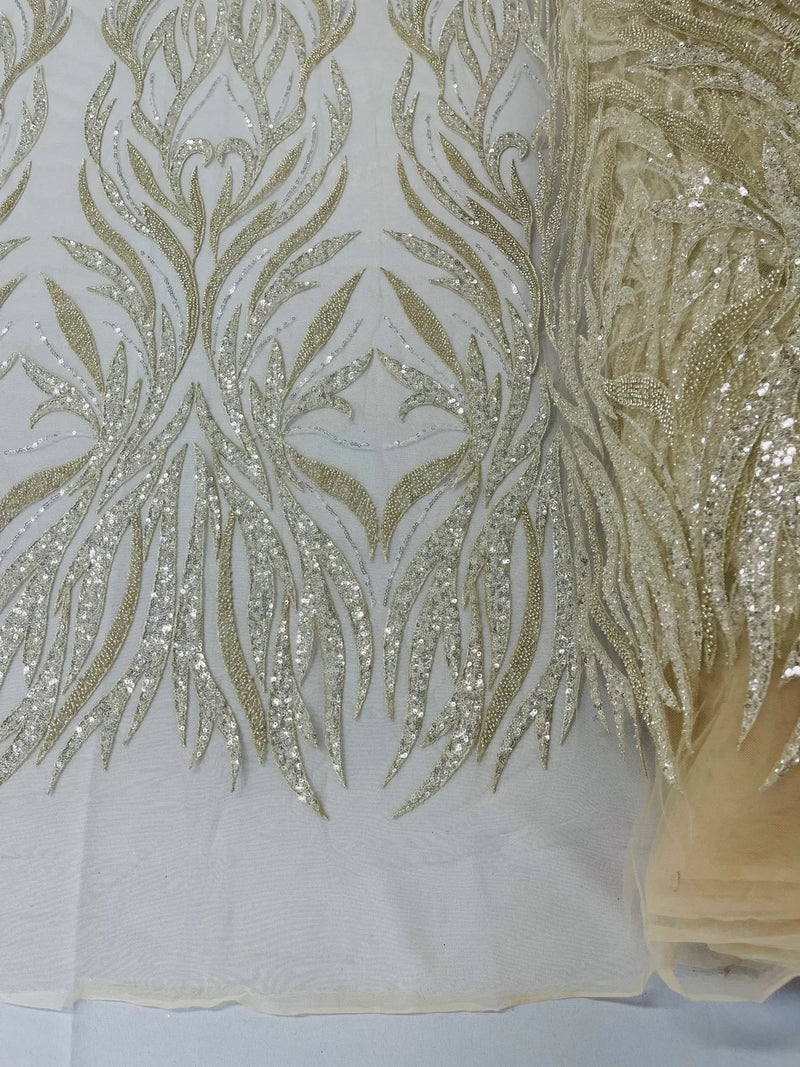 Beaded Elegant Fabric - Clear - Leaf Design Beaded Embroidered Fabric by Yard