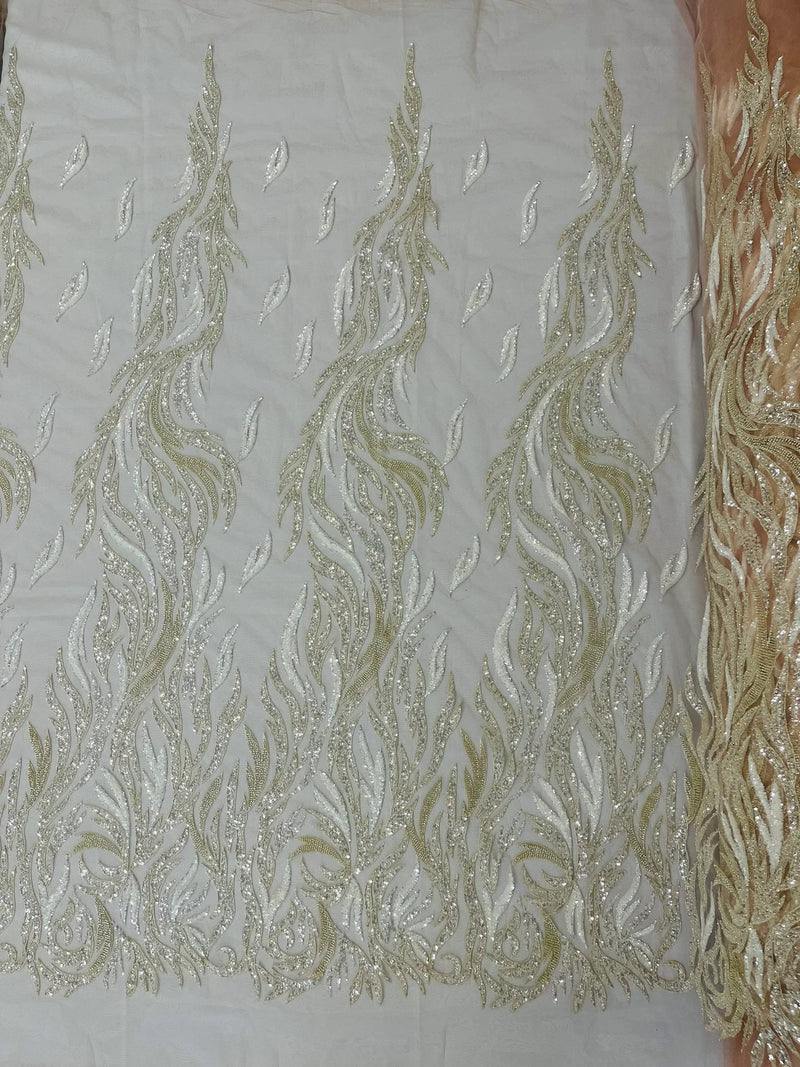 Beaded Flame Design Fabric - Clear - Beaded Embroidered Fire Flame Design Fabric by Yard