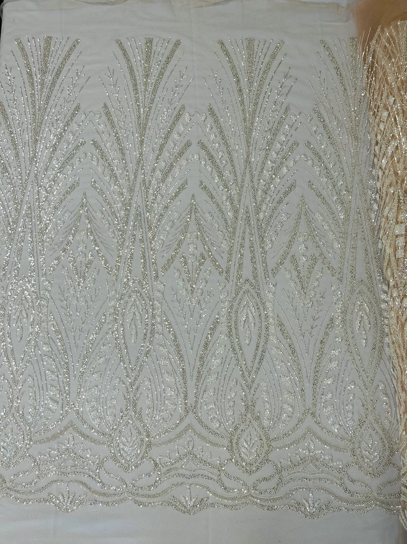 Wedding Beaded Fabric - Clear - Embroidered Fancy Fashion Pattern Fabric Sold By Yard