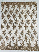 Floral Cluster Lace Fabric - Coffee - Embroidered Flowers With Sequins on a Mesh Lace Fabric Sold By Yard