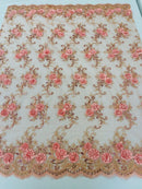 Floral Fabric - Coral Pink - Sold By Yard Embroidered Roses With Sequins on a Mesh Lace Fabric