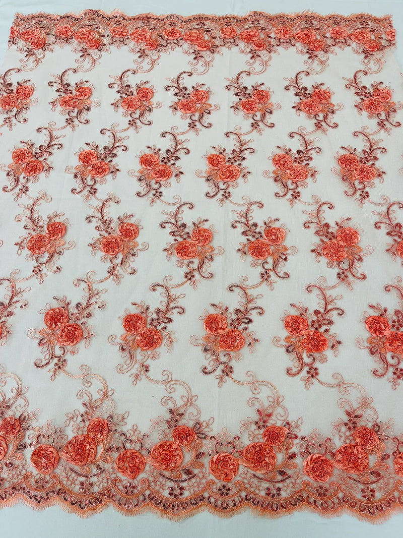 Floral Fabric - Coral with Peach - Sold By Yard Embroidered Roses With Sequins on a Mesh Lace Fabric