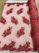 3D Floral Clusters - Coral - Embroidered Flowers Beads Rhinestones On Lace Yard