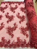 3D Small Flowers with Rhinestone - Coral - Embroidered Luxury Realistic Flowers On Lace Yard