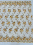 Floral Fabric - Champagne - Sold By Yard Embroidered Roses With Sequins on a Mesh Lace Fabric
