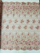 3D Triangle Floral Pearl Fabric - Dusty Rose - 3D Embroidered Floral Design on Lace Mesh By Yard
