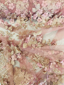 3D Rose Plant Fabric - Dusty Rose - Embroidered Flower Design Rose Fabric Sold by Yard