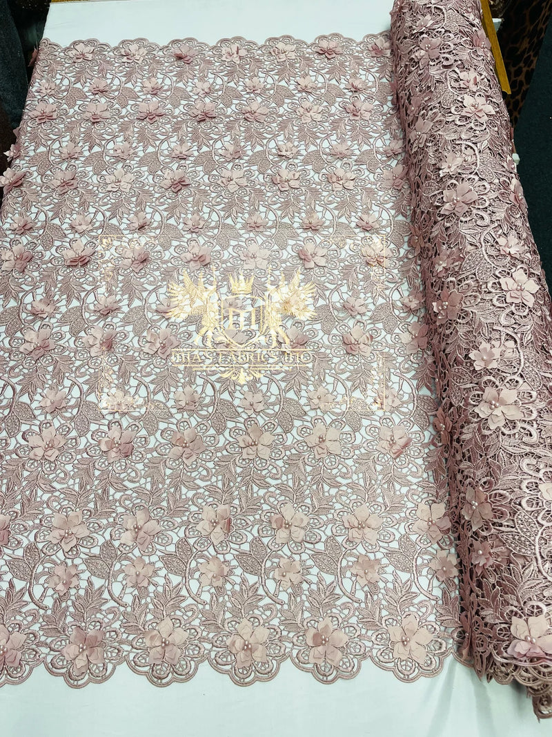 Guipure Lace Fabric - Dusty Rose - Floral Bridal Guipure Lace with Pearls Sold by the Yard