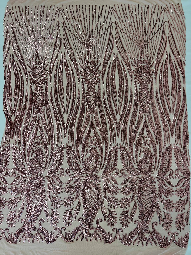 Paisley Lines Sequin Fabric - Dusty Rose - 4 Way Stretch Fancy Fabric By The Yard