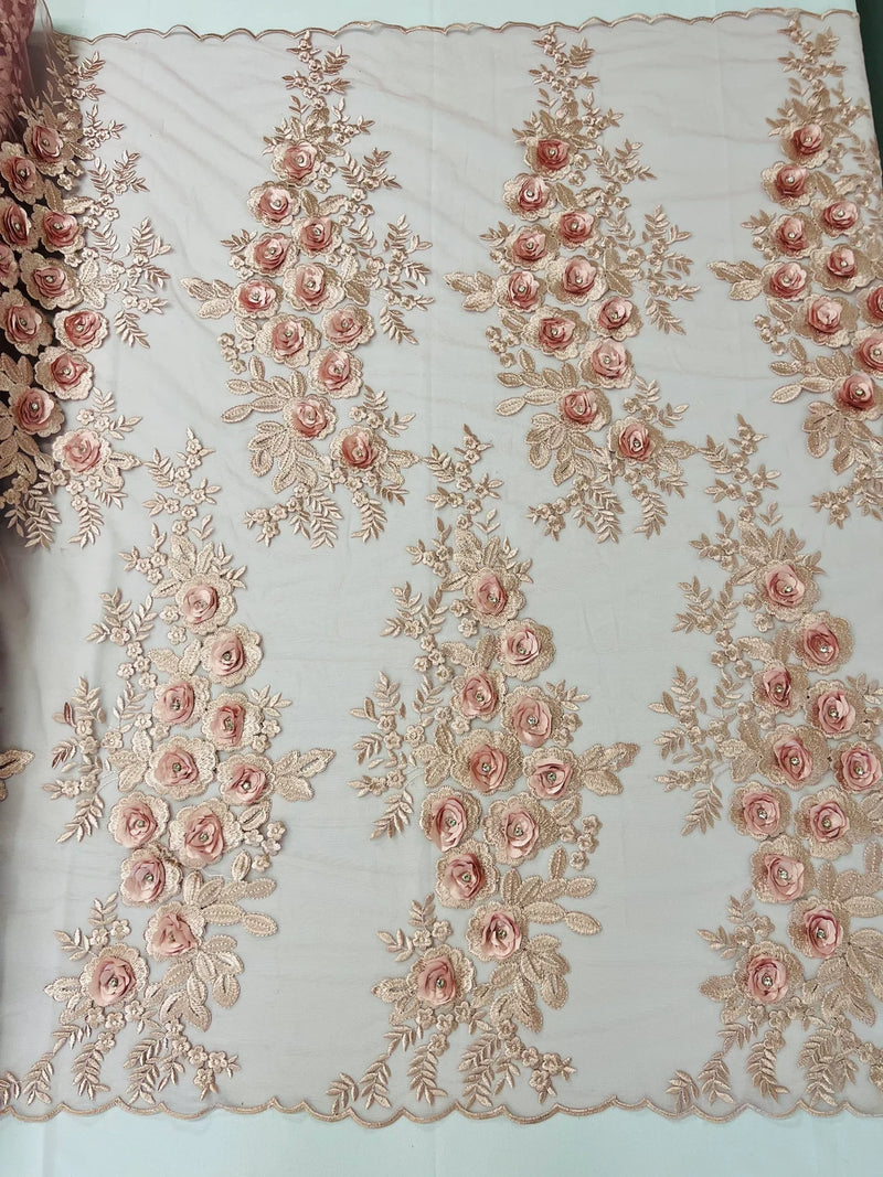 3D Rose Cluster Rhinestone - Dusty Rose - Embroidered 3D Floral Rose Design Fabric Sold by Yard